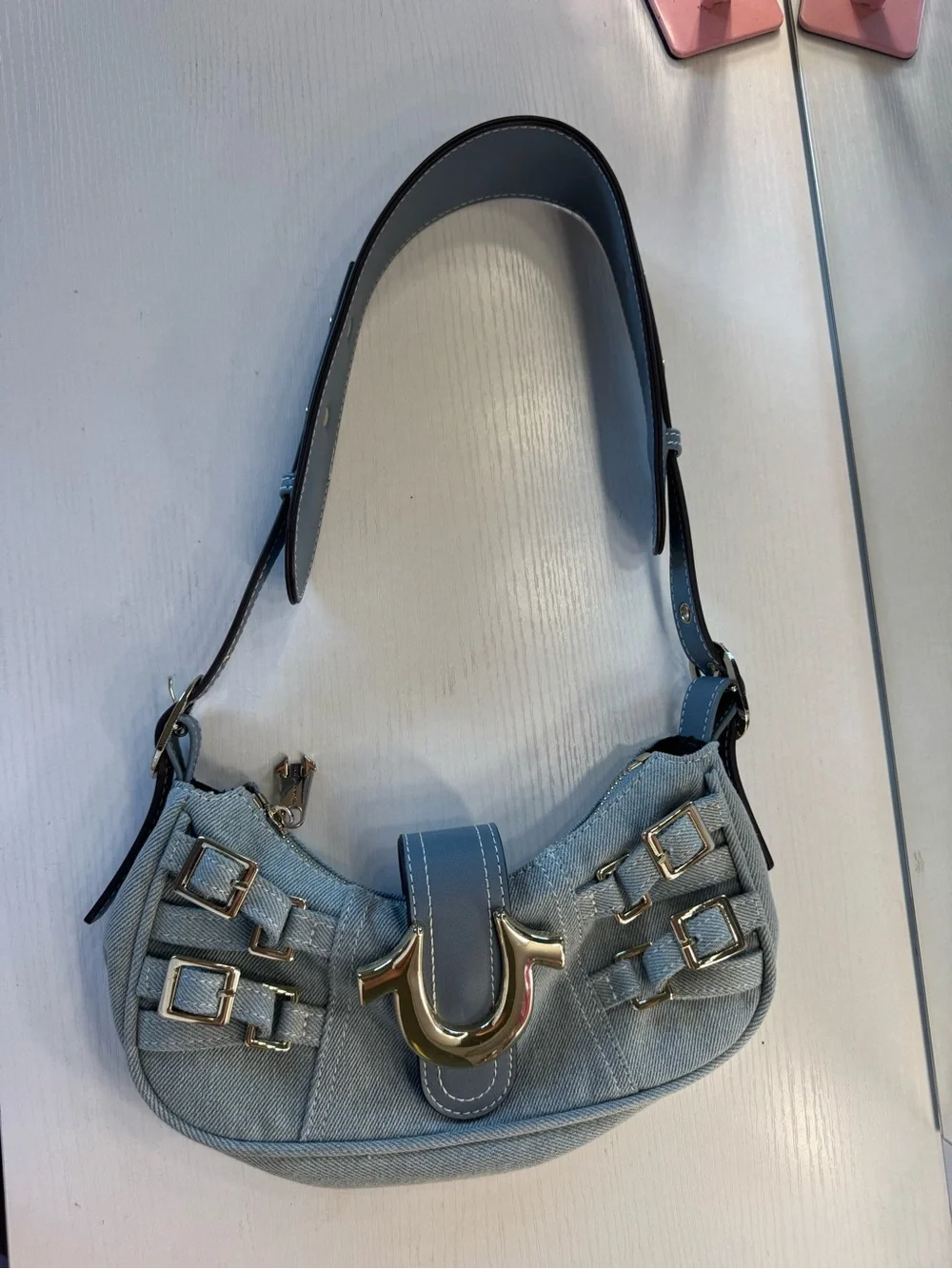 True Religion Y2K Blue Denim Shoulder Bag with Silver Hardware